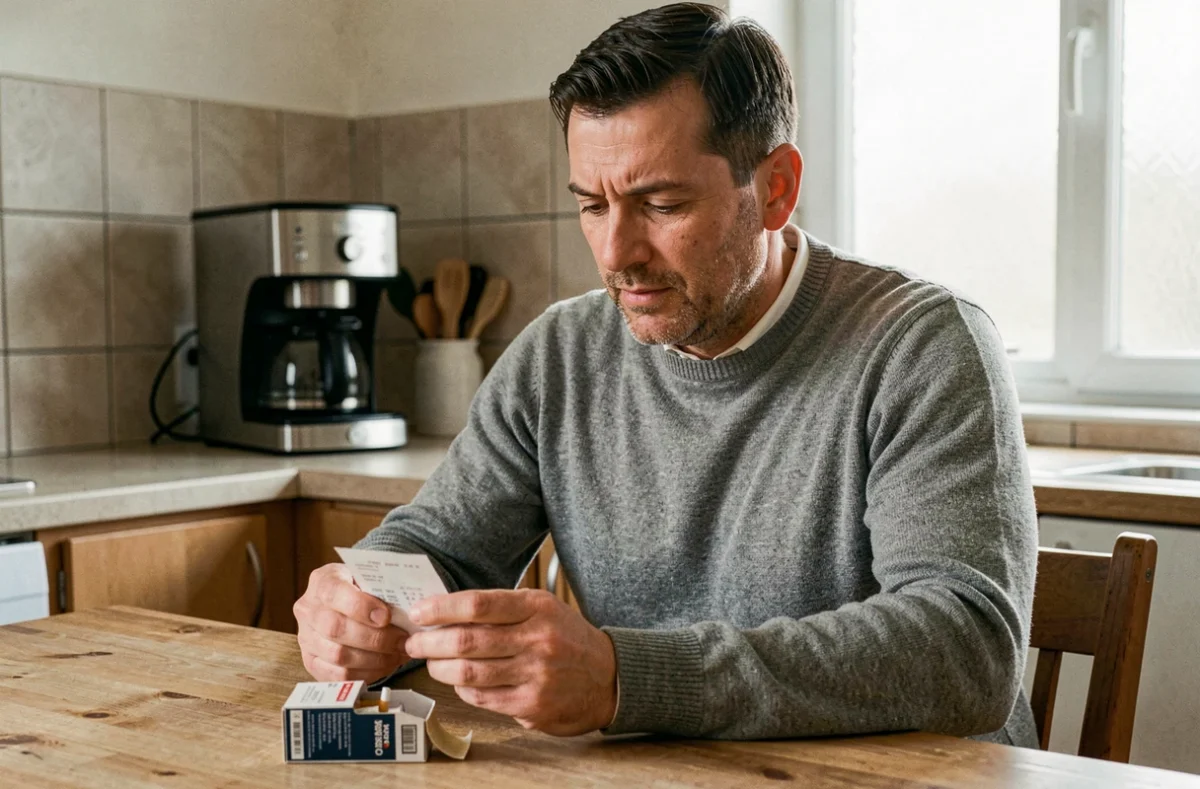 Homme consultant un reçu à côté d'un paquet de cigarettes sur une table de cuisine, réfléchissant au prix des cigarettes en Belgique en 2026