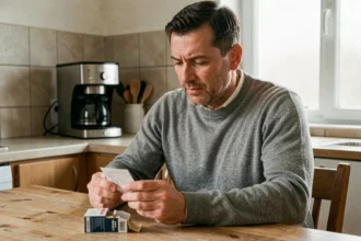 Homme consultant un reçu à côté d'un paquet de cigarettes sur une table de cuisine, réfléchissant au prix des cigarettes en Belgique en 2026