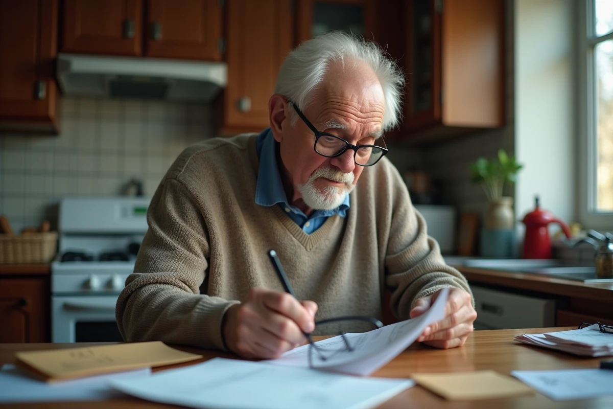 Homme âgé regardant un courrier dans la cuisine