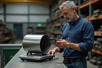 Homme en travail dans centre de recyclage de métaux