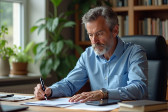 Homme d'âge moyen travaillant à son bureau lumineux