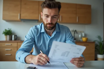 Homme en bleu examine sa fiche de paie dans la cuisine
