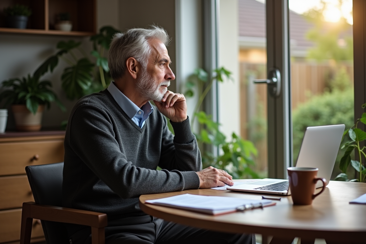 Homme d age examine documents dans son bureau