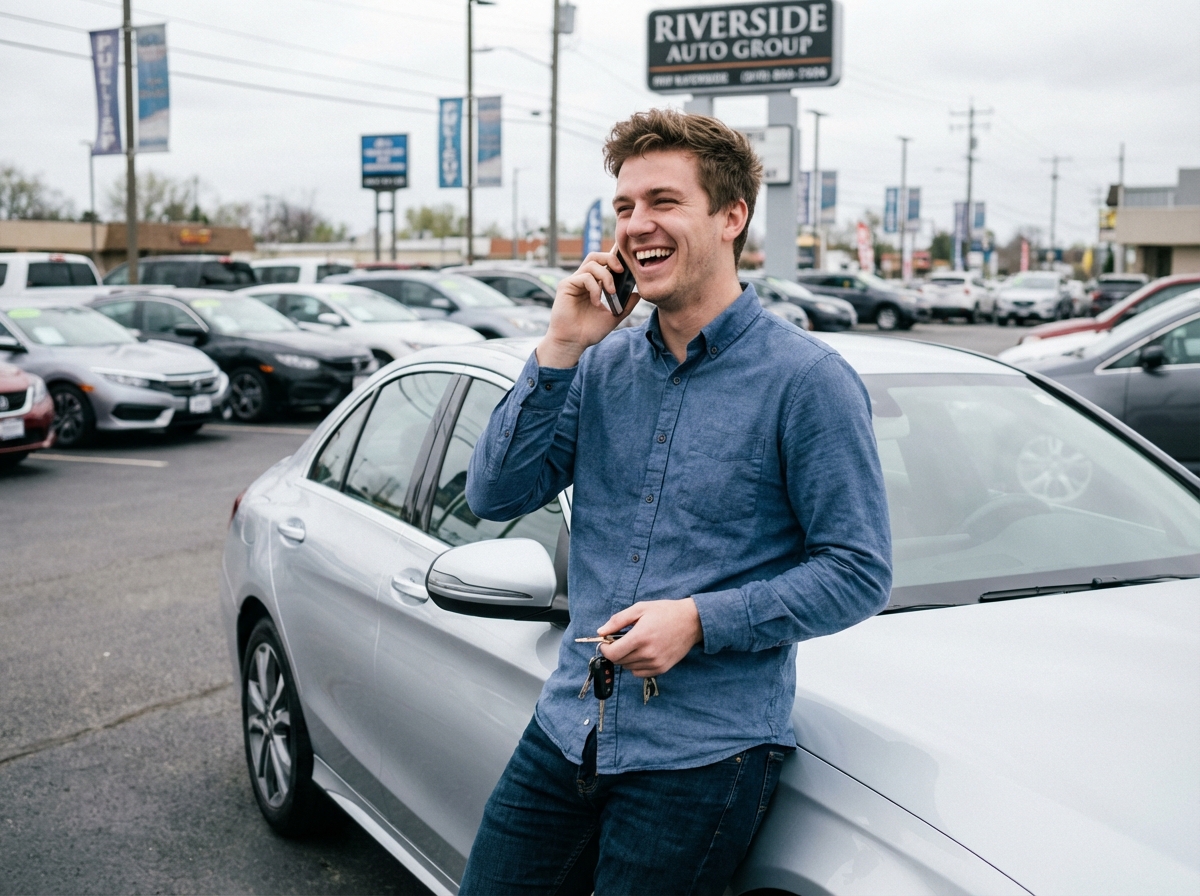 Jeune homme souriant avec une voiture en extérieur