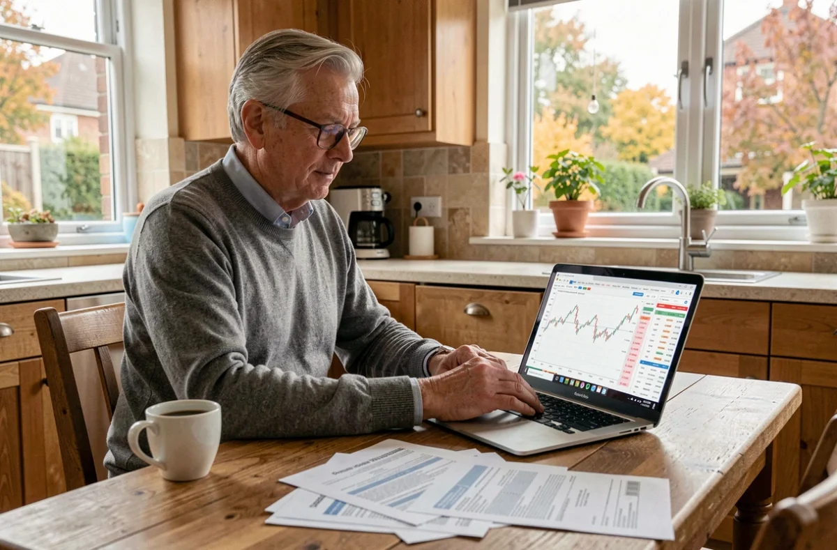 Homme senior consultant ses placements et le taux CMS 10 ans sur un ordinateur portable à domicile