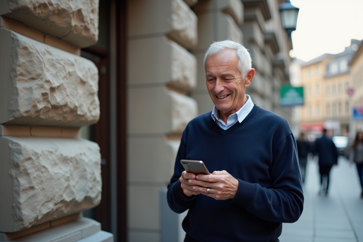 Homme senior dehors devant bureau de pension avec téléphone
