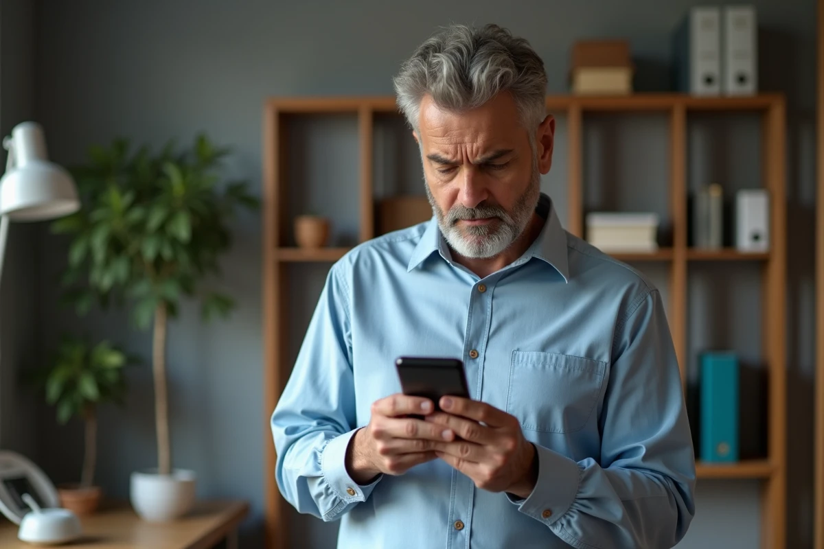 Homme vérifiant un relevé bancaire sur smartphone dans son bureau