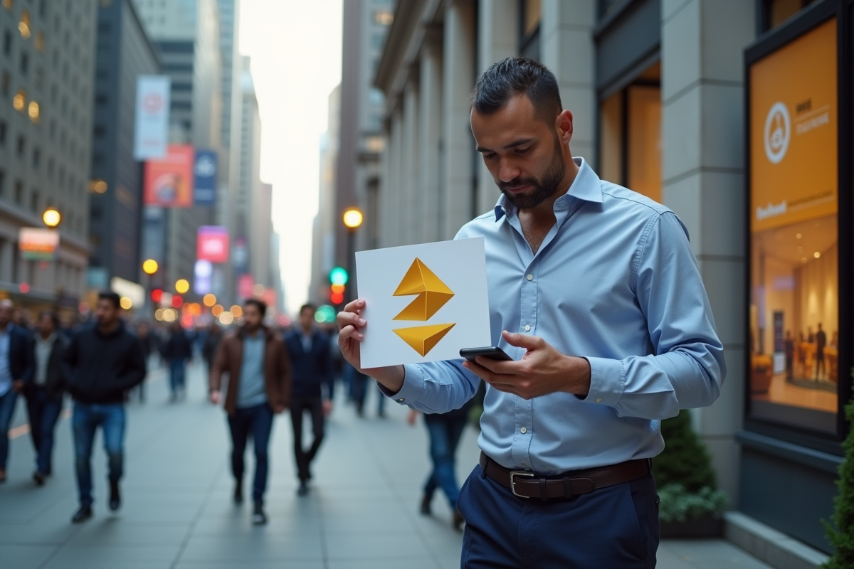 Homme debout dans la rue avec panneau symbole crypto