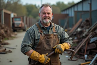 Homme en overalls dans une décharge avec un outil lourd