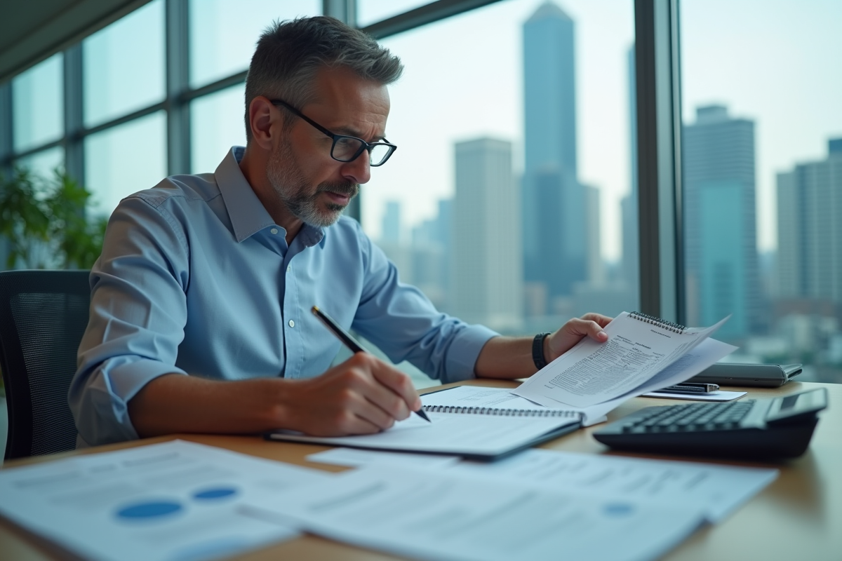 Homme vérifiant des documents de prêt immobilier au bureau