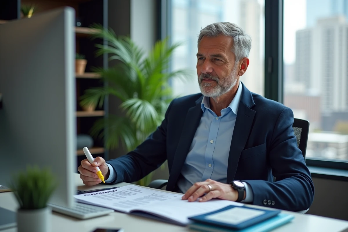 Homme en bureau vérifiant ses relevés bancaires