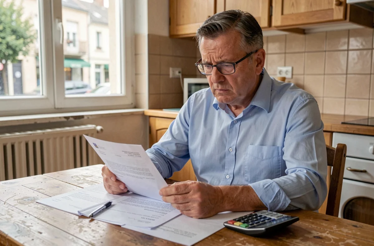 Homme d'âge mûr vérifiant des documents de créances publiques à sa table de cuisine