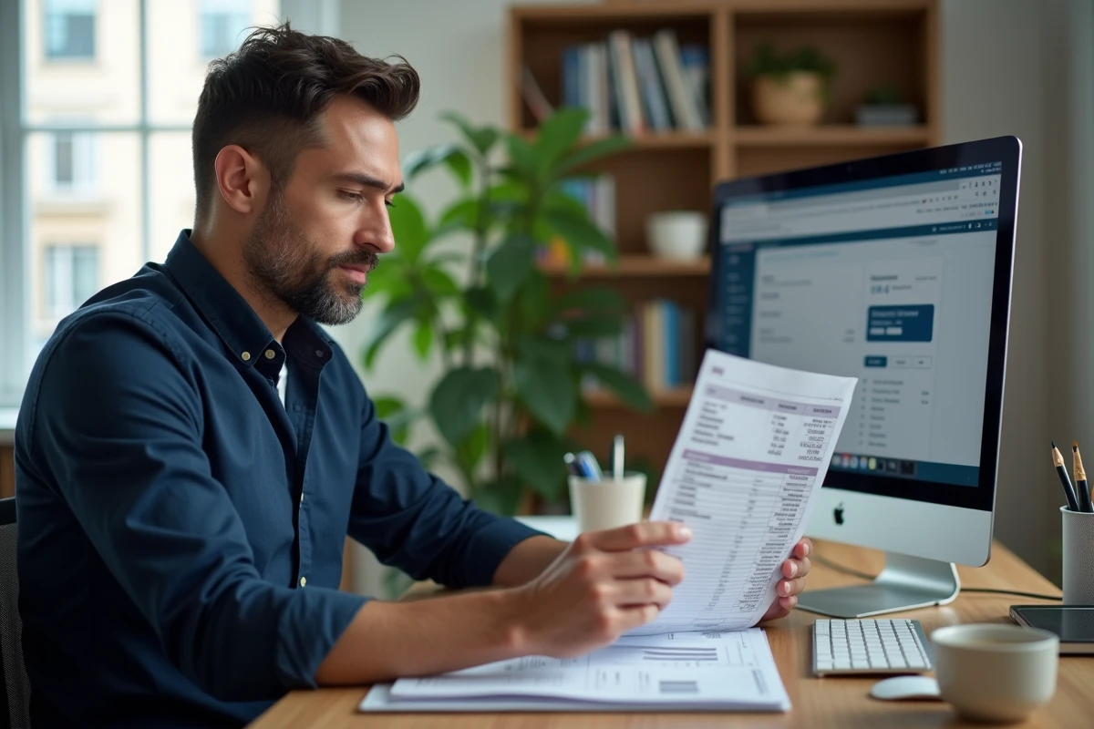 Homme vérifiant un relevé bancaire à son bureau pour identifier un débit AMZ digital FRA non reconnu