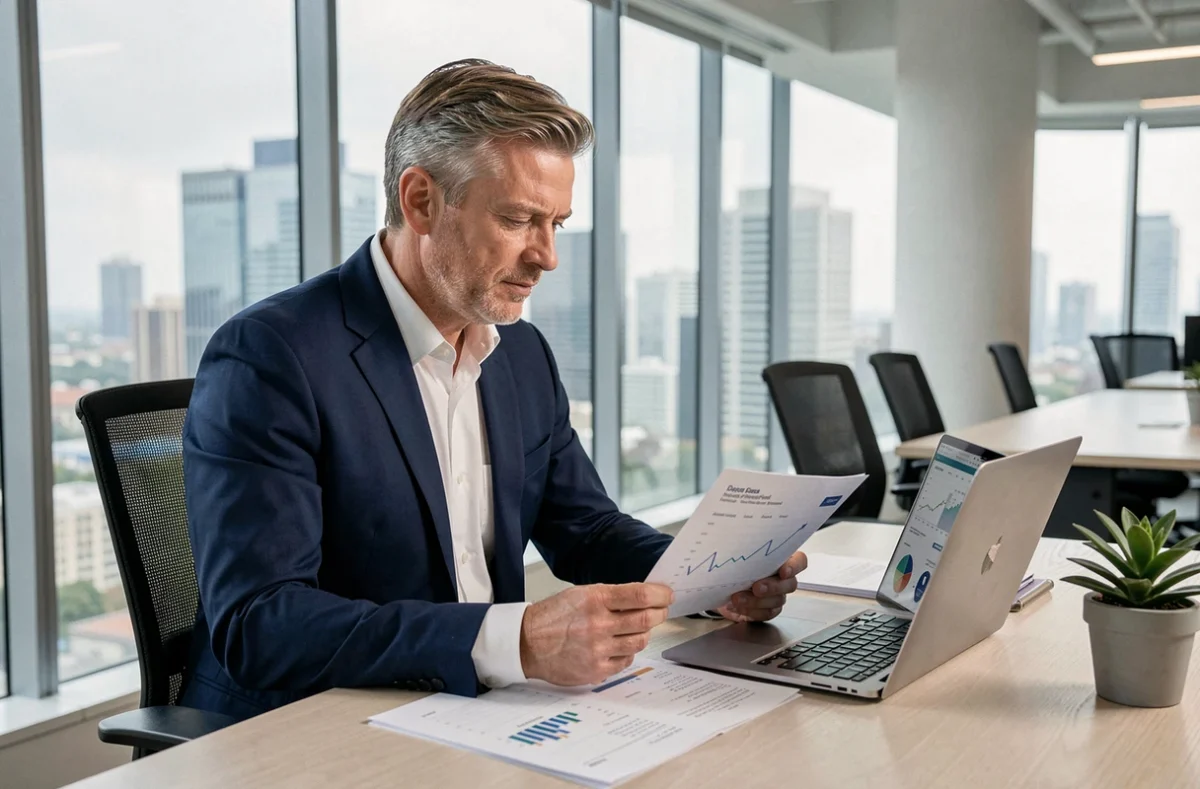 Investisseur professionnel analysant des documents sur une SCPI dans un bureau moderne avec vue sur la ville
