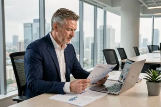 Investisseur professionnel analysant des documents sur une SCPI dans un bureau moderne avec vue sur la ville