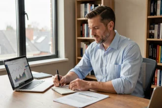 Homme de 40 ans comparant des documents d'investissement immobilier SCPI et LMNP sur un bureau en bois dans un bureau à domicile