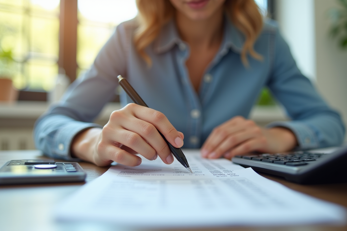 Jeune adulte calculant son salaire à un bureau lumineux