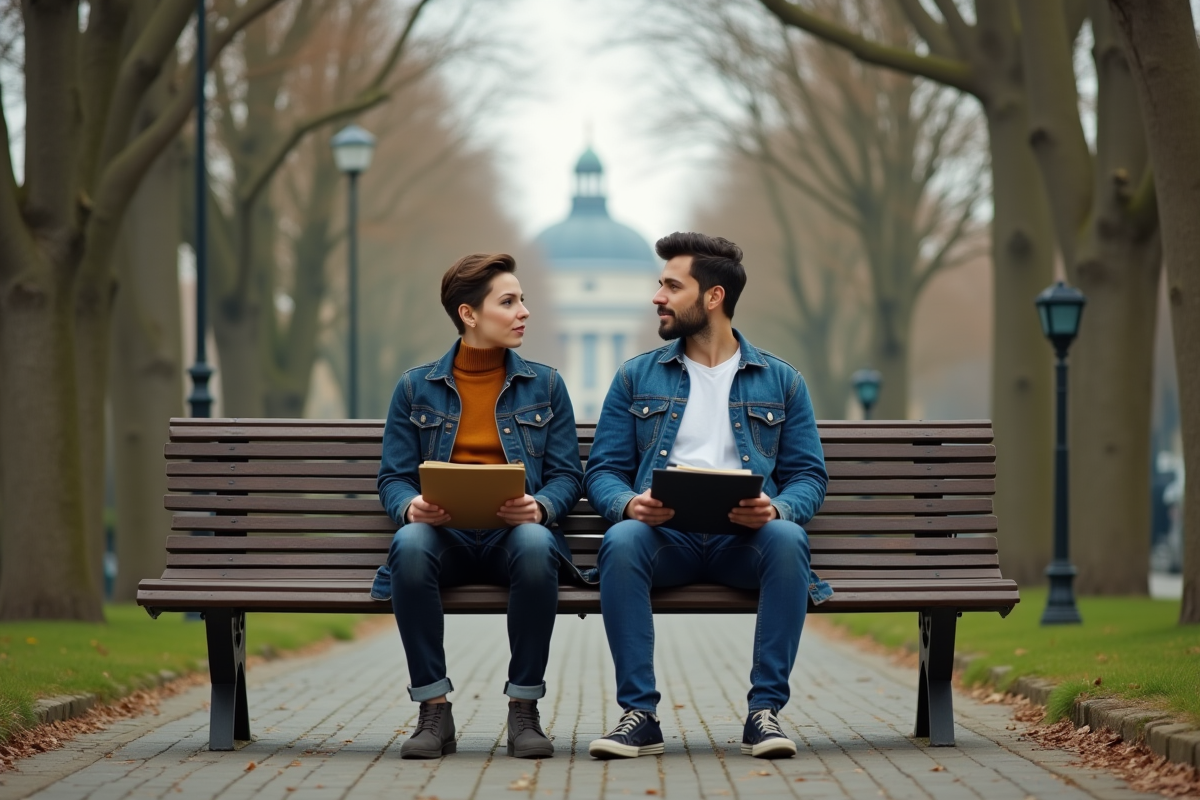Un jeune couple assis sur un banc dans un parc contemplant