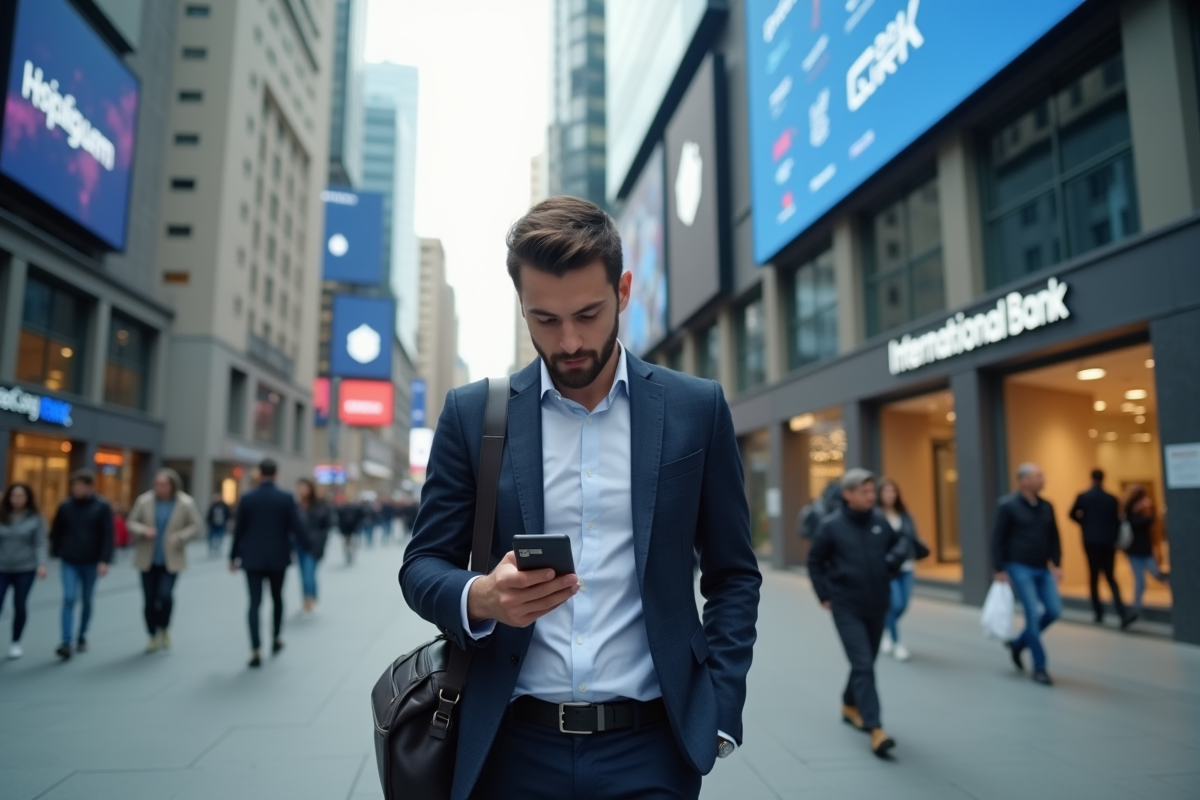 Jeune entrepreneur marchant dans une ville avec applications fintech