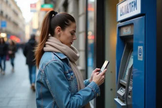 Jeune femme anxieuse utilisant son smartphone devant un ATM en ville