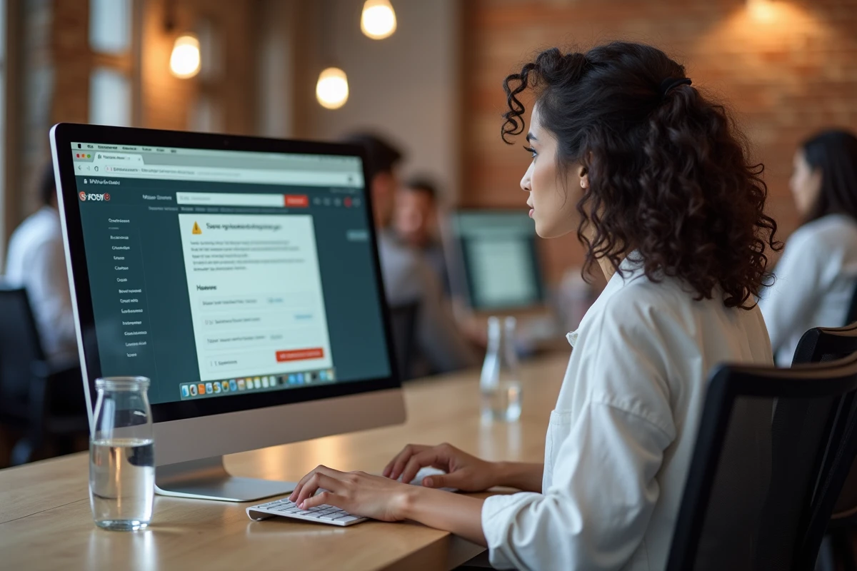 Jeune femme en espace de coworking face à un problème de connexion sur le site Société Générale fr depuis un ordinateur de bureau