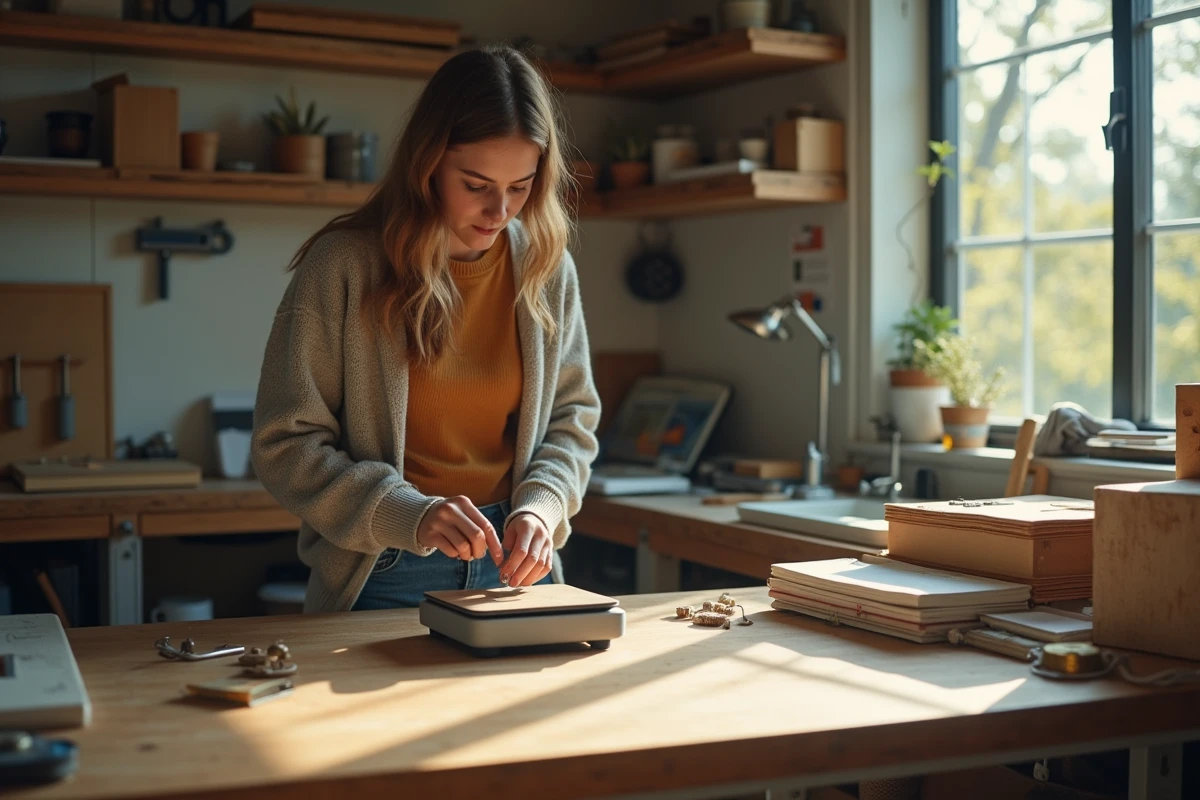 Jeune femme pèse des pièces de brassage dans un atelier lumineux
