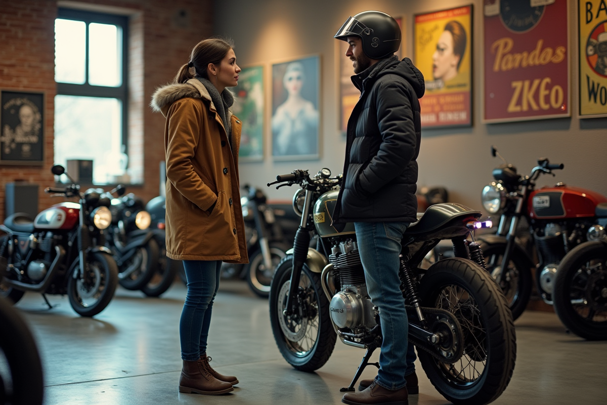 Jeune femme discutant avec vendeur de motos vintage en intérieur