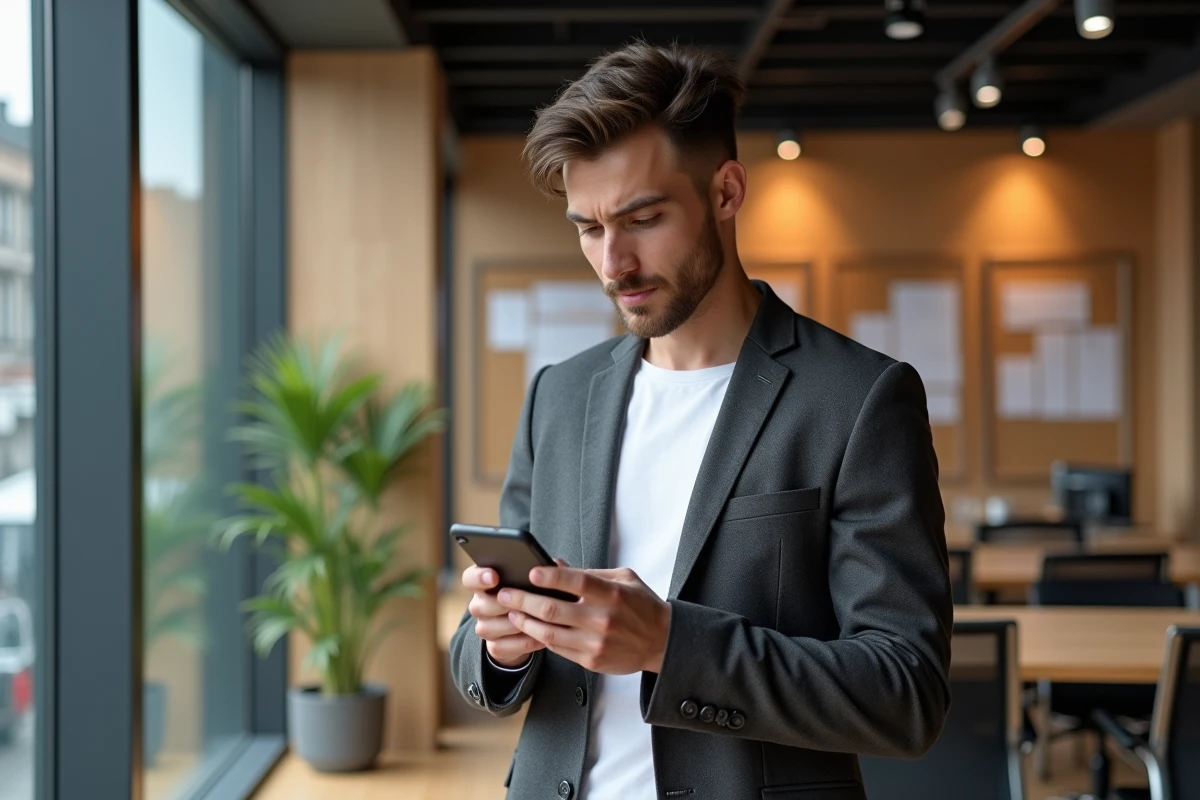 Jeune homme consultant les salaires juniors en Suisse sur son smartphone dans un coworking