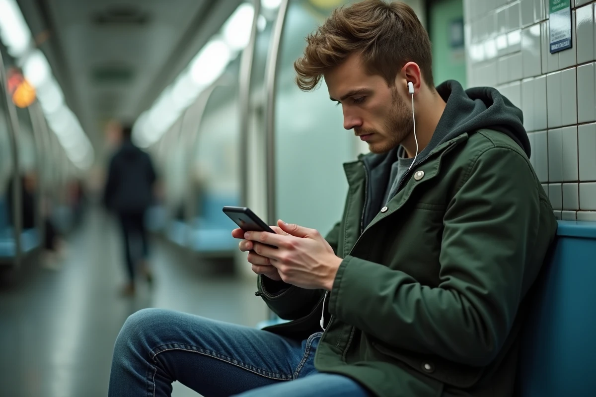 Jeune homme payant sa facture Free Mobile sur l'application dans le métro