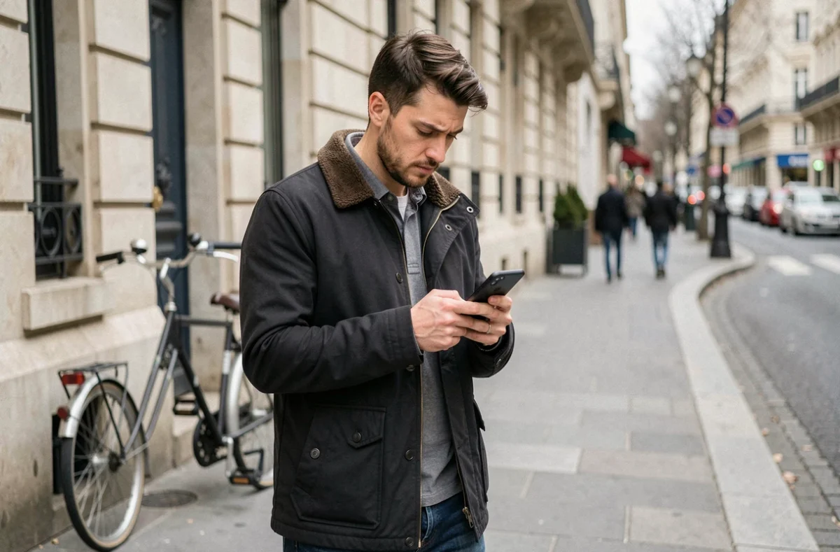 Jeune homme dans la rue consultant son téléphone pour trouver le contact Boursorama