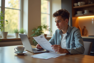 Jeune professionnel travaillant à une table de cuisine lumineuse