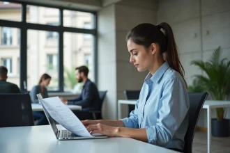 Jeune professionnelle analysant une fiche de salaire dans un bureau moderne en Suisse