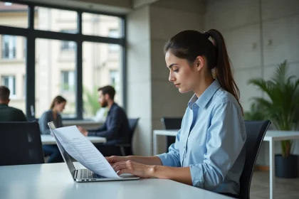 Jeune professionnelle analysant une fiche de salaire dans un bureau moderne en Suisse