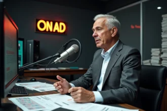 Journaliste économique masculin enregistrant une émission radio dans un studio professionnel avec microphone vintage et rapports financiers