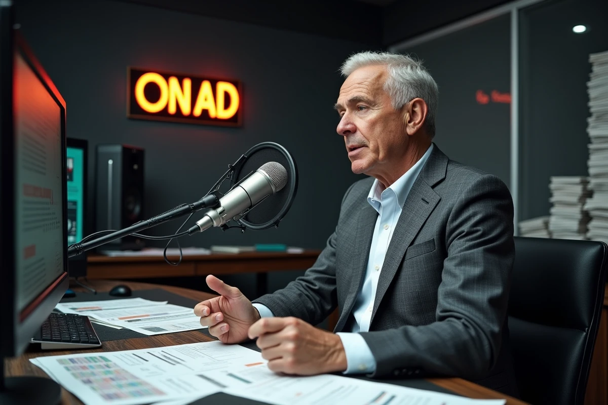 Journaliste économique masculin enregistrant une émission radio dans un studio professionnel avec microphone vintage et rapports financiers