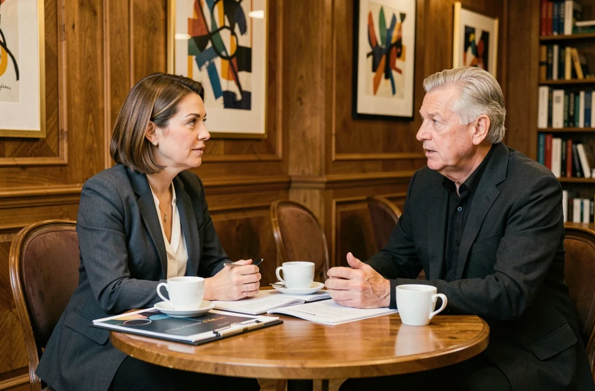 Journaliste femme et producteur de télévision en discussion professionnelle autour d'une table dans un salon parisien élégant, ambiance médiatique et intellectuelle