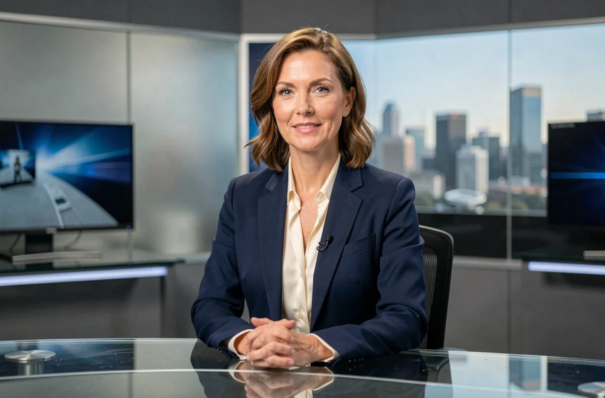 Journaliste télévision élégante assise à un bureau de plateau de télévision moderne, blazer marine et blouse en soie crème, ambiance professionnelle et sobre
