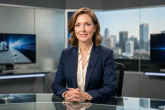 Journaliste télévision élégante assise à un bureau de plateau de télévision moderne, blazer marine et blouse en soie crème, ambiance professionnelle et sobre