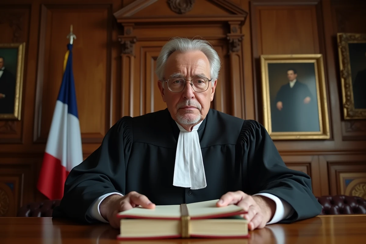 Juge des tutelles en robe noire examinant un dossier dans une salle d'audience d'un tribunal français