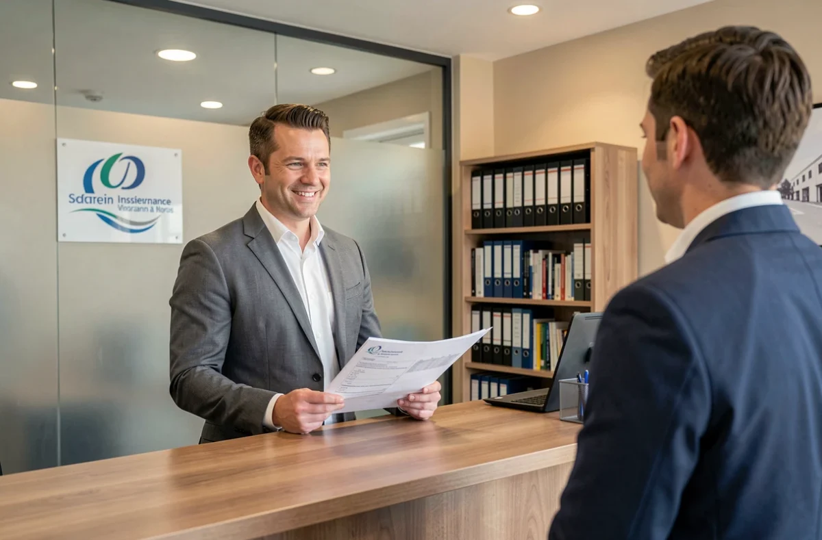 Un conseiller de Legira accueille un client à la réception d'un cabinet d'assurance professionnel