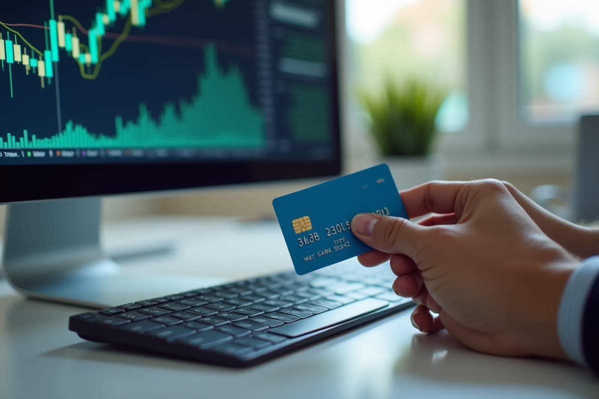 Mains d adulte tenant une carte bancaire au-dessus d un clavier d ordinateur