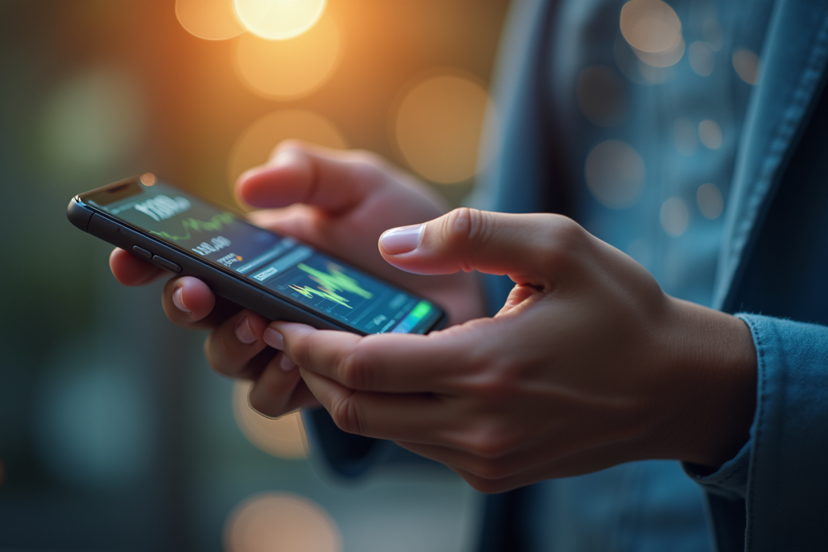 Mains tenant un smartphone affichant des données boursieres fluctuees
