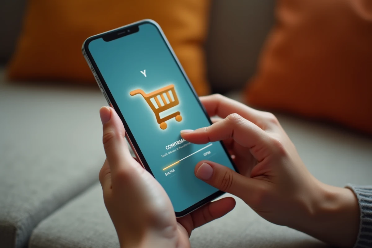 Mains tenant un smartphone affichant une confirmation d'achat sur l'application Bimpli Amazon