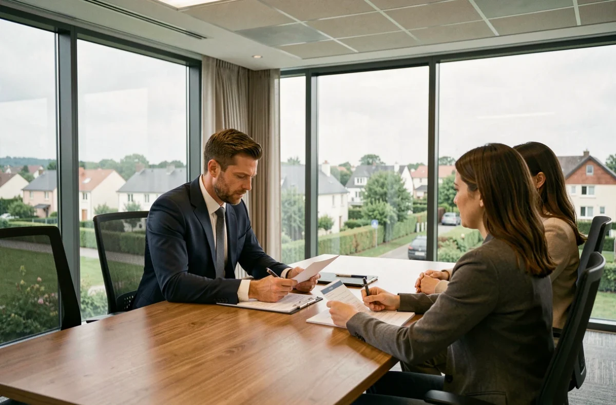 Un courtier en assurance du Val-d'Oise conseille des clients dans un bureau moderne avec vue sur la ville