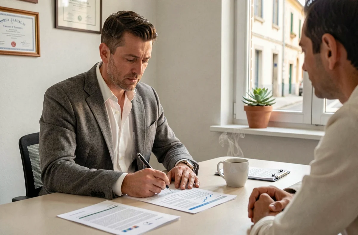 Conseiller indépendant de Meilleurs Placements en Occitanie annotat un projet d'investissement avec son client dans un bureau épuré