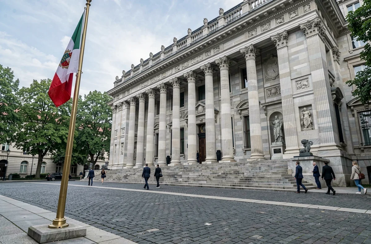 Façade d'un ministère des finances européen symbolisant la gestion de la dette publique nationale