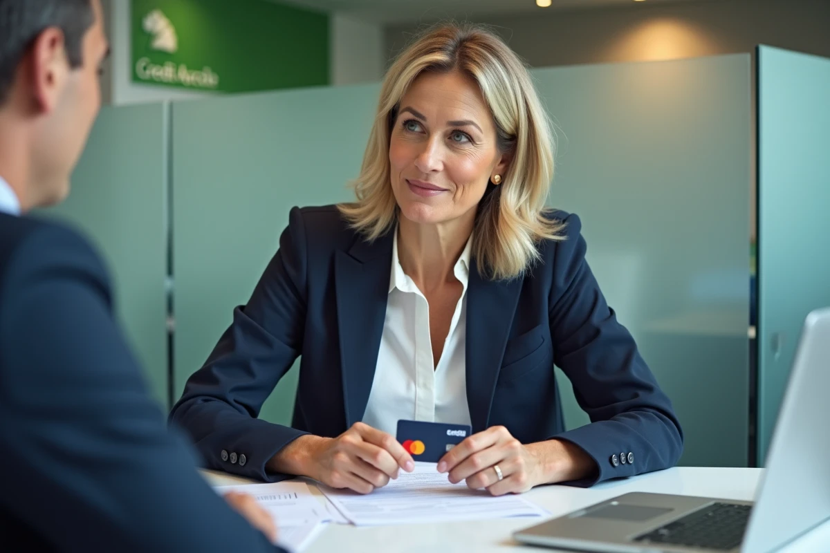 Femme négociant les frais de sa carte Mastercard Crédit Agricole avec un conseiller bancaire en agence