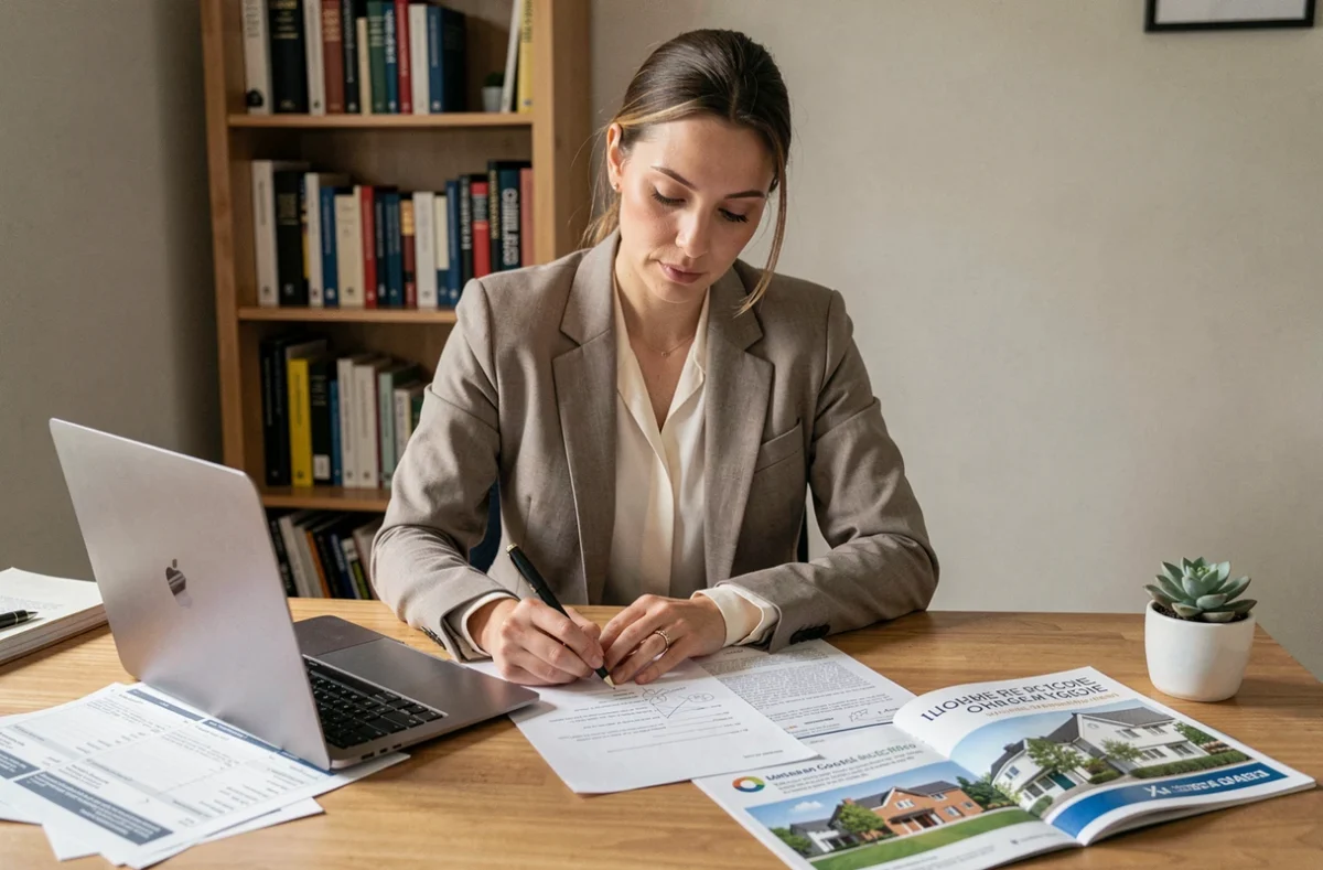 Courtière indépendante O'Courtier travaillant sur un dossier de crédit immobilier depuis son bureau
