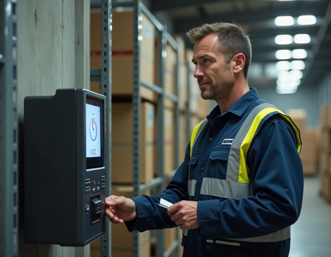 Ouvrier d'entrepôt pointant ses heures supplémentaires sur un terminal de gestion du temps
