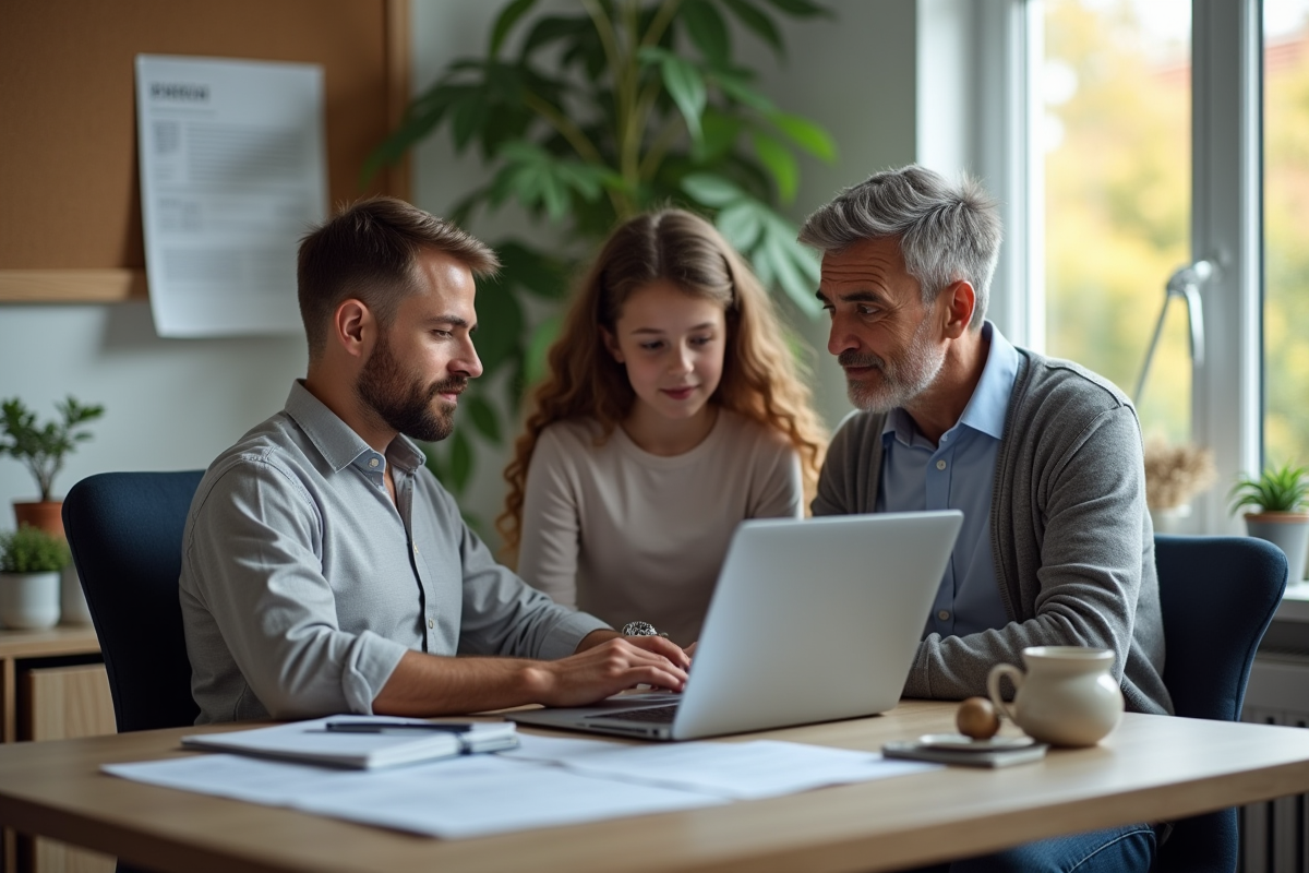 Pere et enfants discutant autour d un ordinateur dans un bureau moderne